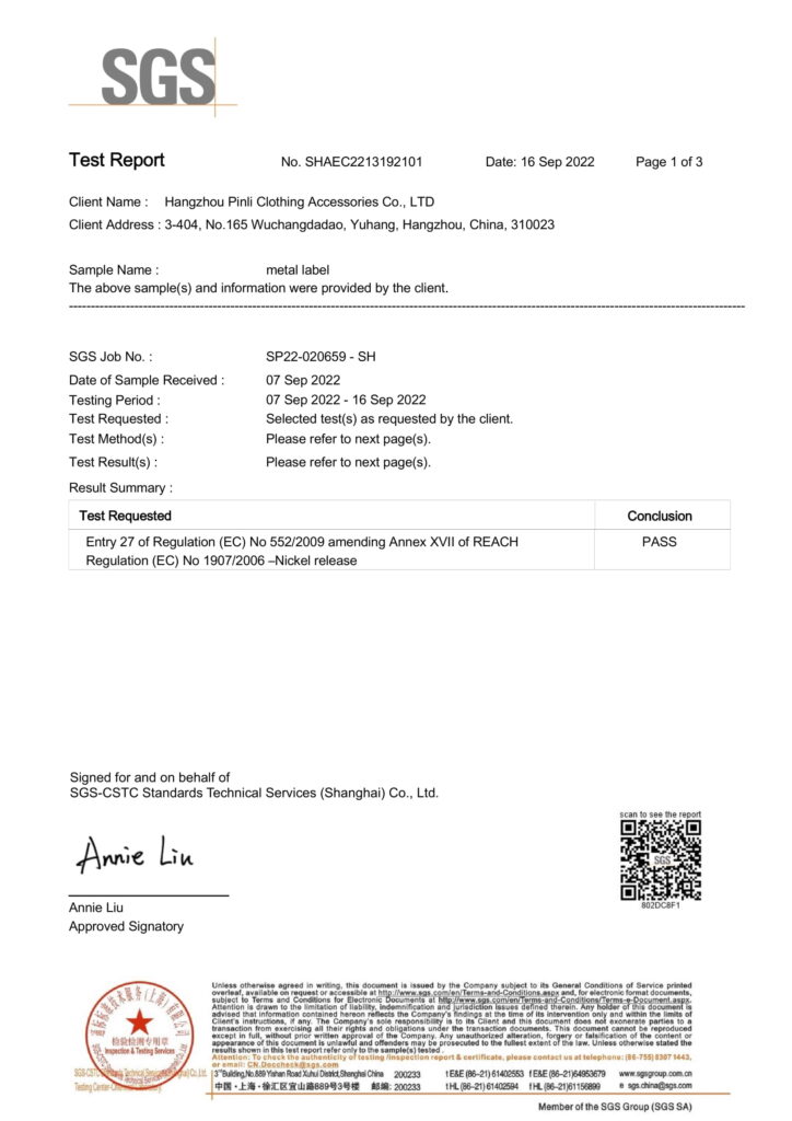 metal labels' nickel free - SGS 01