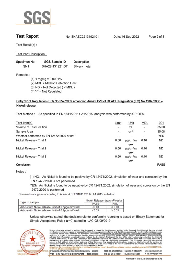 metal labels' nickel free - SGS 02