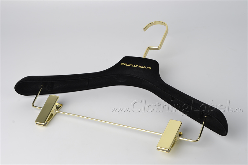 China Velvet Plastic Hangers Factory Luxury Black Plastic Flocked Suede  Coat Hangers with Pant bar Manufacture and Factory